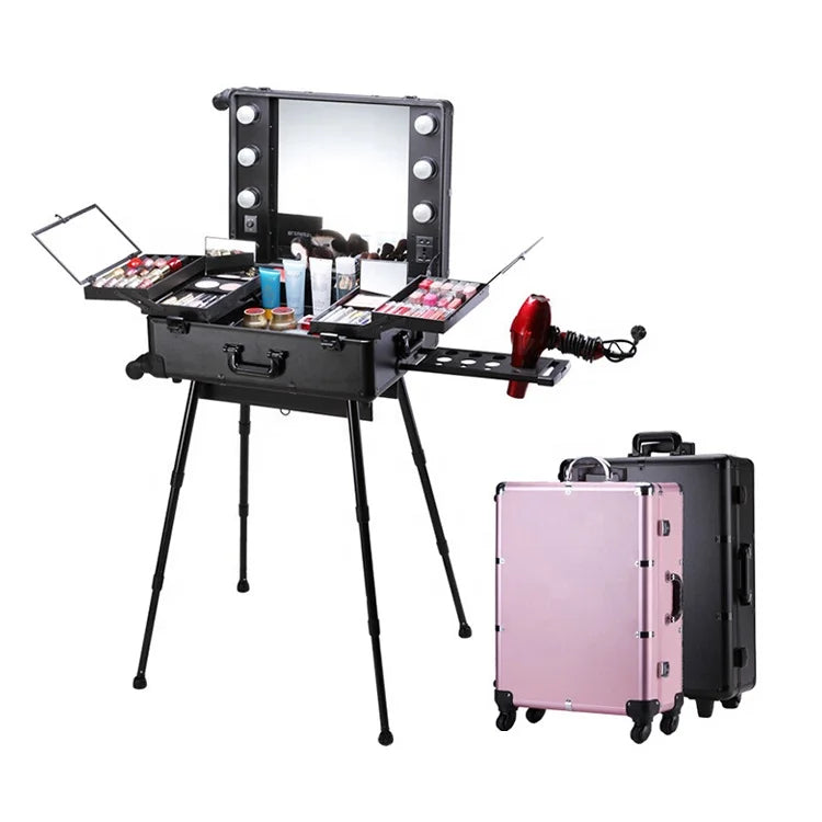 Expandable Studio Makeup Case With Lights Makeup Train Case Hot Sale Professional Aluminum Makeup Organizers Fashion Vanity Case