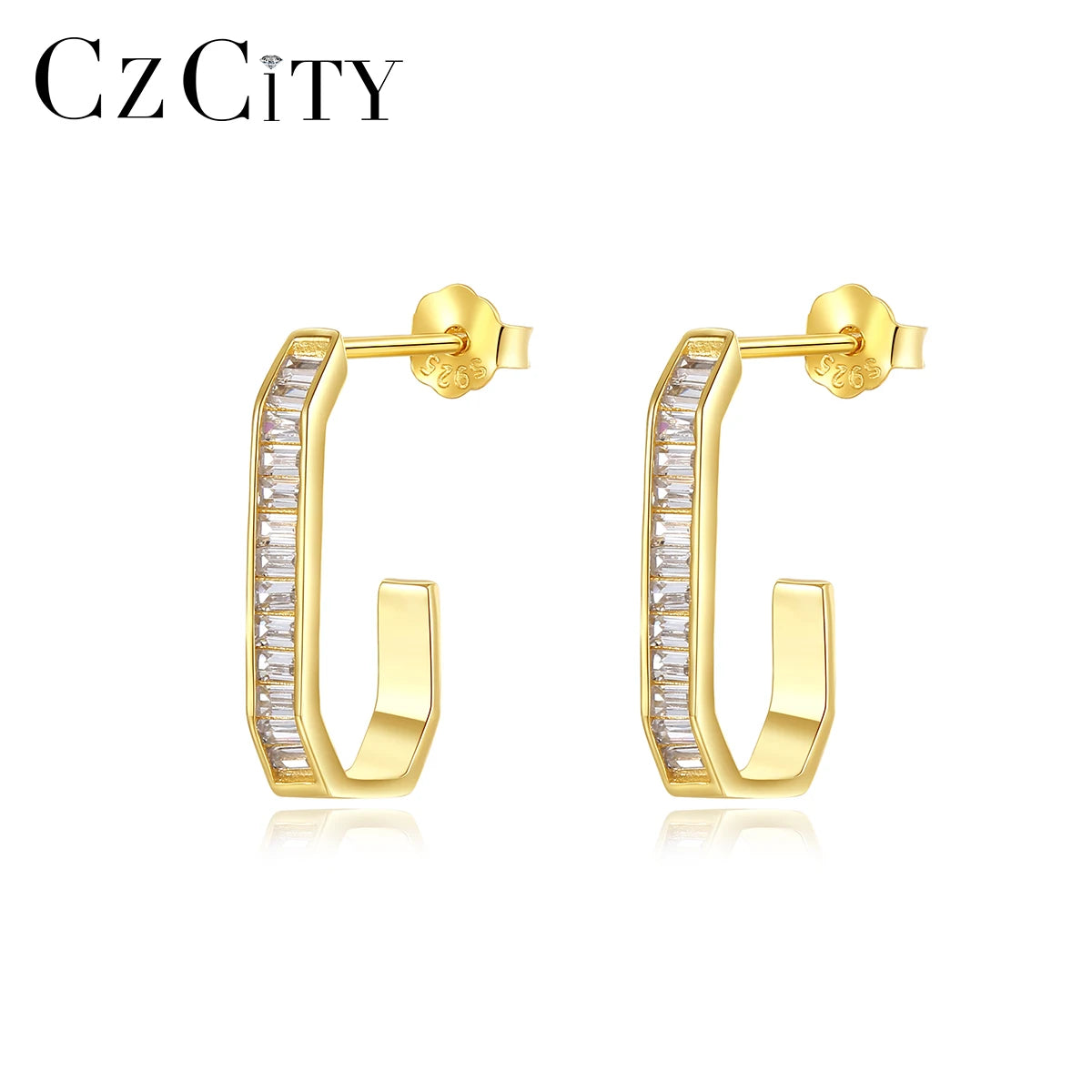 CZCITY Big Woman Earing Cubic Zirconia Drop 925 Sterling Luxury Jewelry Earring Square Hoop Zircon Silver