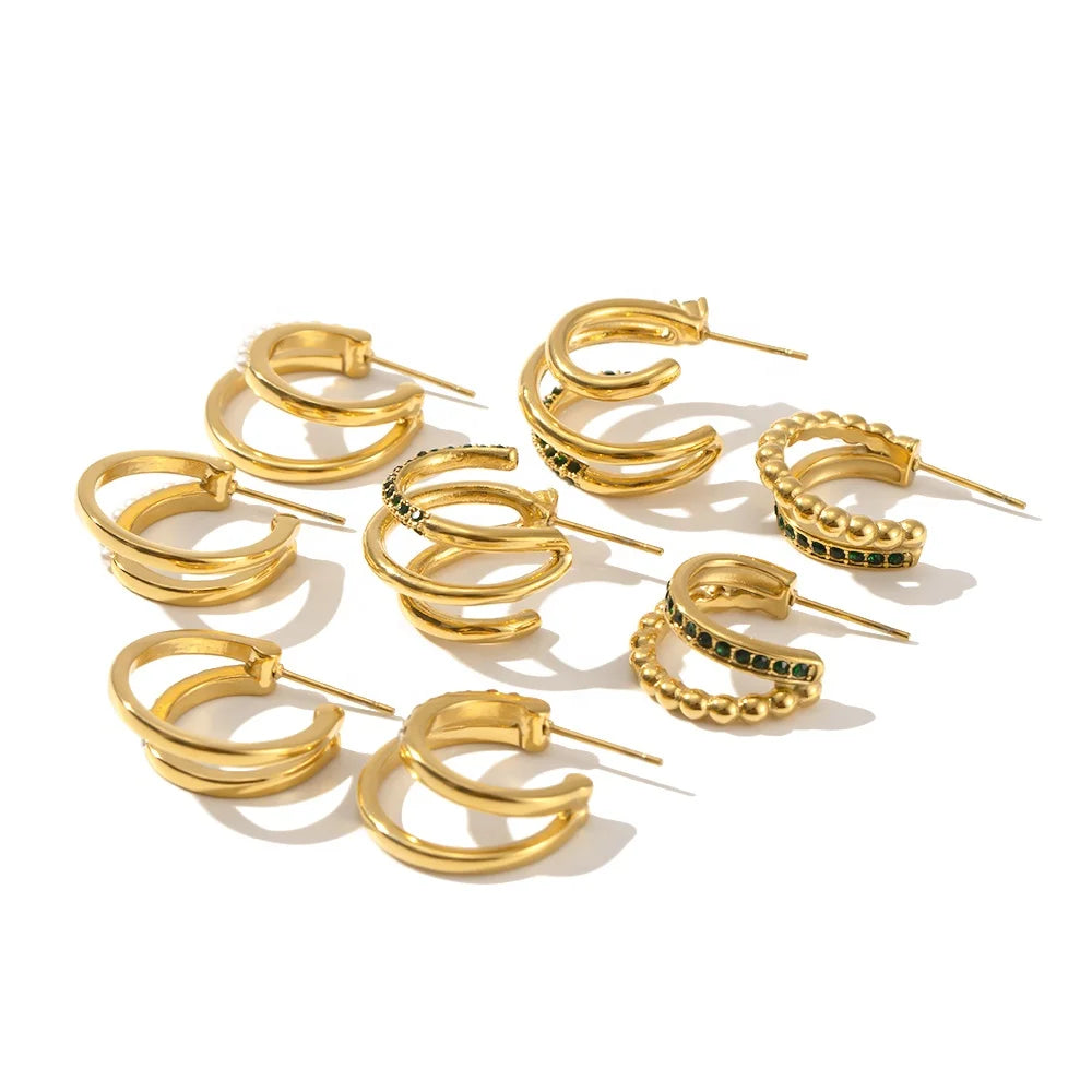 Shiny Chunky Cubic Zircon Beads Layer Fashion 18k PVD Gold Plated Stainless Steel Hoop Earrings Women