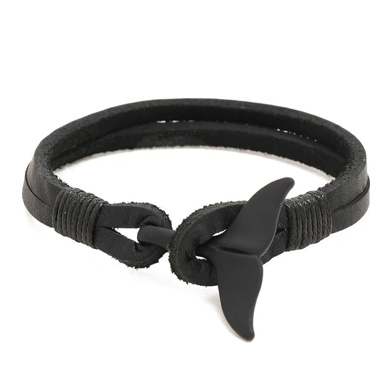 Handmade Genuine Leather Whale Tail Bracelet Simple Black Fashionable Bangle Charm Jewelry for Men and Women