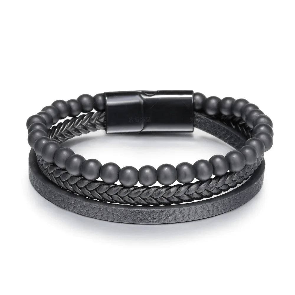 Classic Leather Beaded Combination Stitching Men's Bracelet Punk Jewelry Mental Black Button Leather Tiger Eye Bracelets