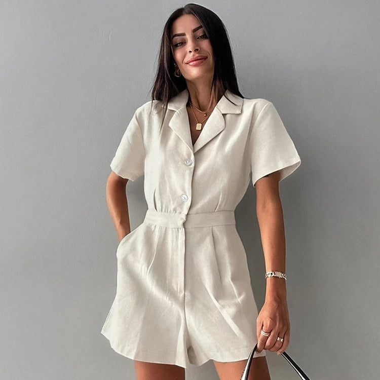 Enyami Casual Suit High Waist Office Lady Outfit Short Sleeve Tracksuit Set Cotton Linen Loose Romper Pants Collar Jumpsuit