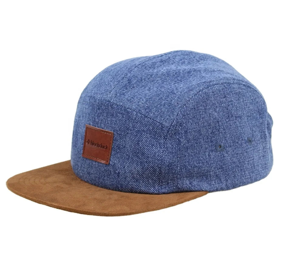 Custom Logo 5-Panel Denim Leather Strap Back Hat Leather Patch Gold Copper Buckle Closure Common Image Letter Pattern Design