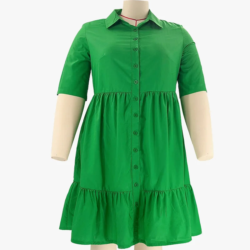 10%OFF XL-5XL Summer New Solid Color Lapel Single-breasted Plus Size Women's Fashion Casual Short-sleeved Shirt Dress