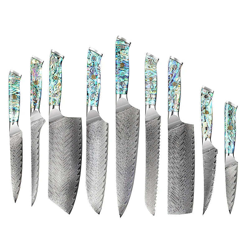 Premium Abalone Damascus Kitchen Knife Set with Resin Handle Professional Ultra Sharp Chef Knives Set