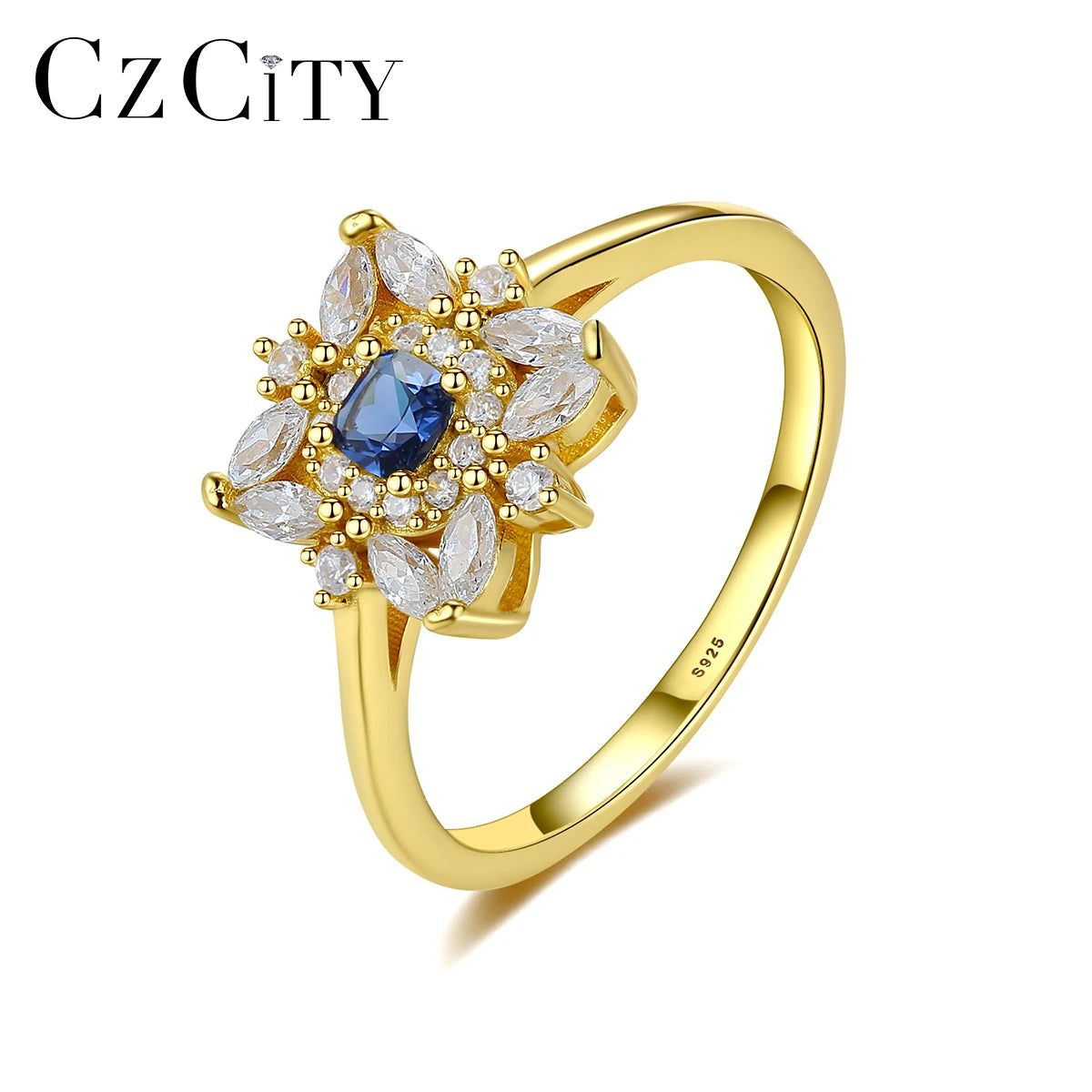 CZCITY Blue Synthetic Gemstone Fower Finger Rings 925 Sterling Silver Engagement Rings Women Vintage Style Fine Jewelry Ring