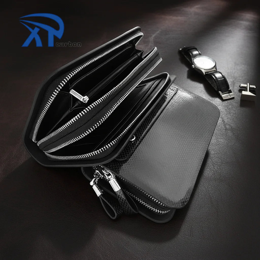 Tpu Double Zipper Long New Style Matte Black Office Lady Fashion Carbon Fiber Leather Hand Bag for Korea Market