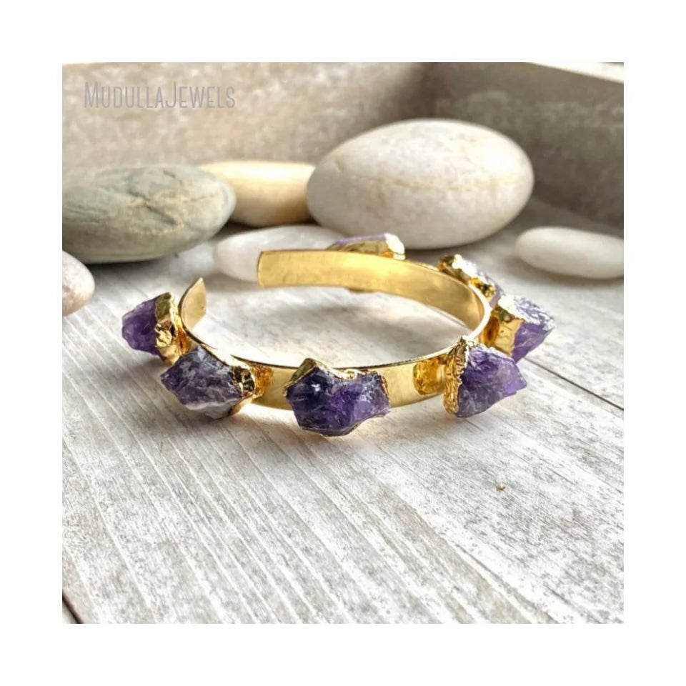BM33962 Raw Amethyst Crystals Healing Stones Free Form Adjustable Cuff Bangle Gold Plated Bracelet Bridal Wedding Jewelry Gift