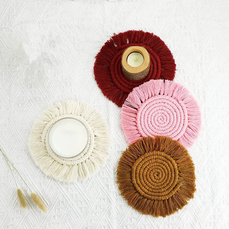 Wholesale Circular Boho Hand Woven coaster With Tassels Non-slip Heat Resistant Milk Coffee Cup Mat Reusable Drink coaster