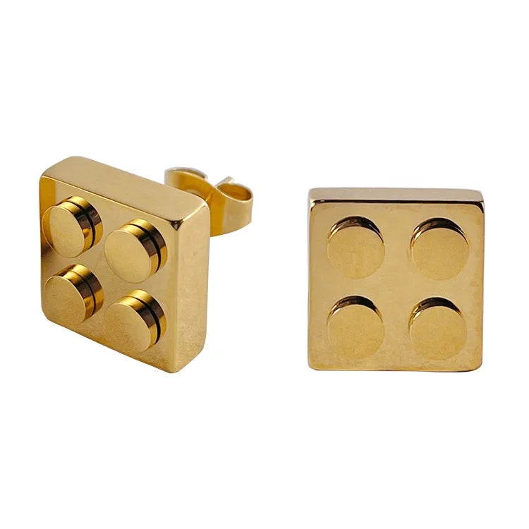 18K Gold Plated Stainless Steel Jewelry Square LegoBrick Design Ear Stud INS Accessories Earrings E211341
