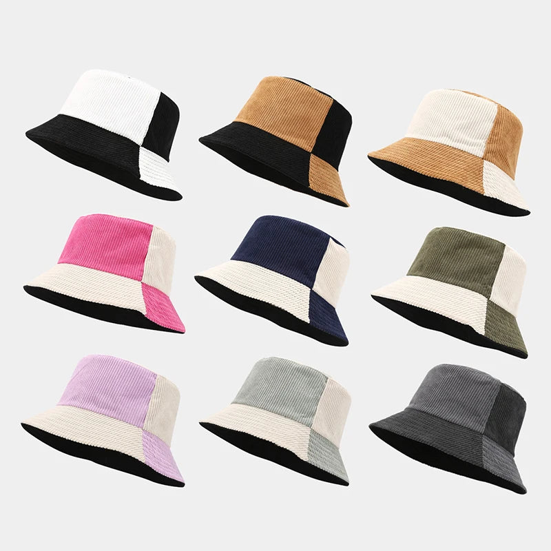 Landfond Accessory Autumn and Winter Retro Corduroy Two-color Patchwork Fisherman Hat Couple Bucket Hat