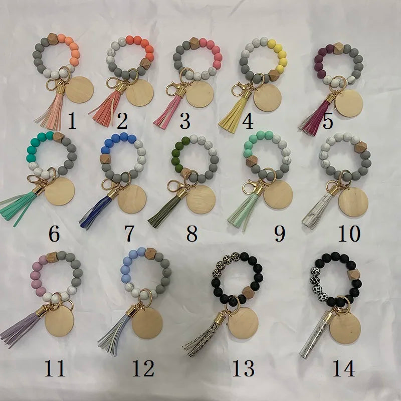 Custom Design Silicone Beads Keychain Bracelet Tassel Wristlet Keyring Monogram Wood Engravable Disc Keychain
