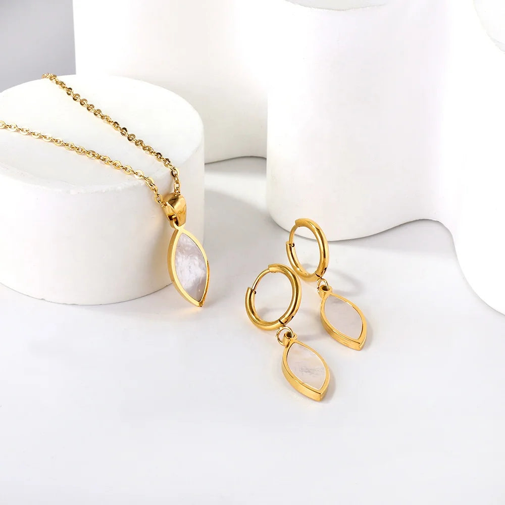 Waterproof Minimalist Design Leaf-shaped White Shell Necklace Earrings Ladies Party Fashion Stainless Steel Jewelry Set