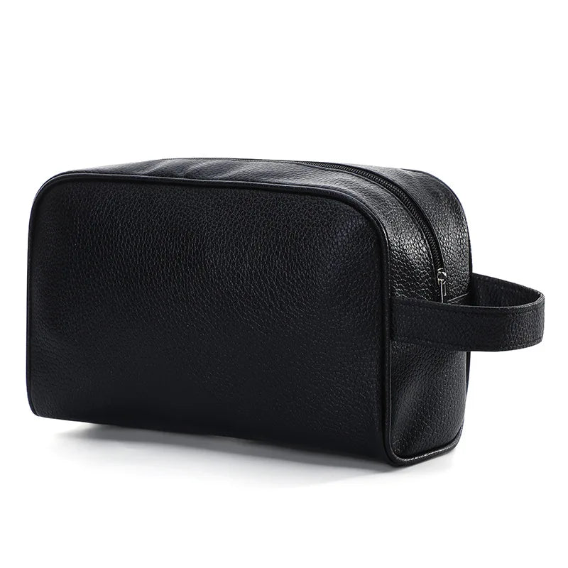 2025 Fashionable Black PU Water Resistant Durable Cosmetic Bag with Double Zipper Double Sided Travel and Wash Storage