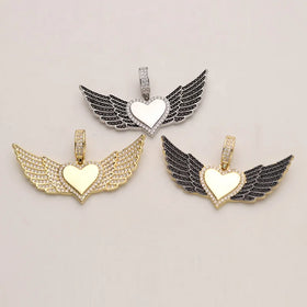 Brass 18k Gold Plated Hip Hop Heart Angel Wing Pendant Charms for Women with Micro CZ Pave Gift