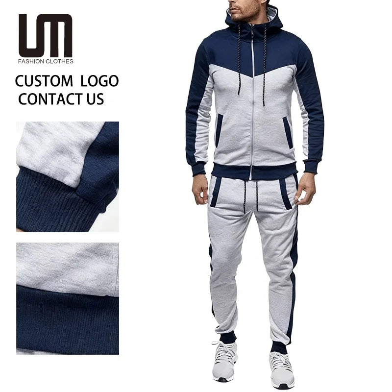 Custom Logo Autumn Winter New Fashion Men's Casual Tracksuit Sweatshirt Jogger Sweatpants Patchwork Sports Suits