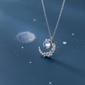Delicate Round Crystal 925 Sterling Silver Crescent Moon Pendant Necklace for Women