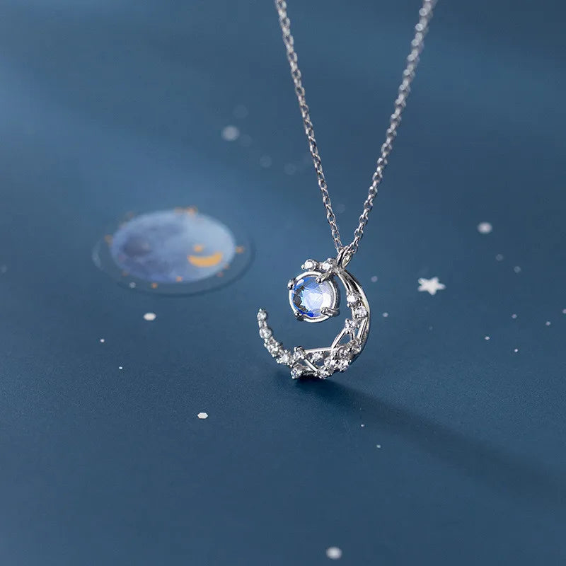 Delicate Round Crystal 925 Sterling Silver Crescent Moon Pendant Necklace for Women