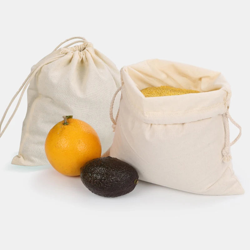 Reusable Produce Bags Washable Organic Cloth Muslin Produce Bread Bag Drawstring Cotton Vegetable Bags