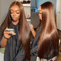 Coloured Chocolate Brown Wig With Human Hair Glueless HD Transparent Lace Silky Straight Front Wigs