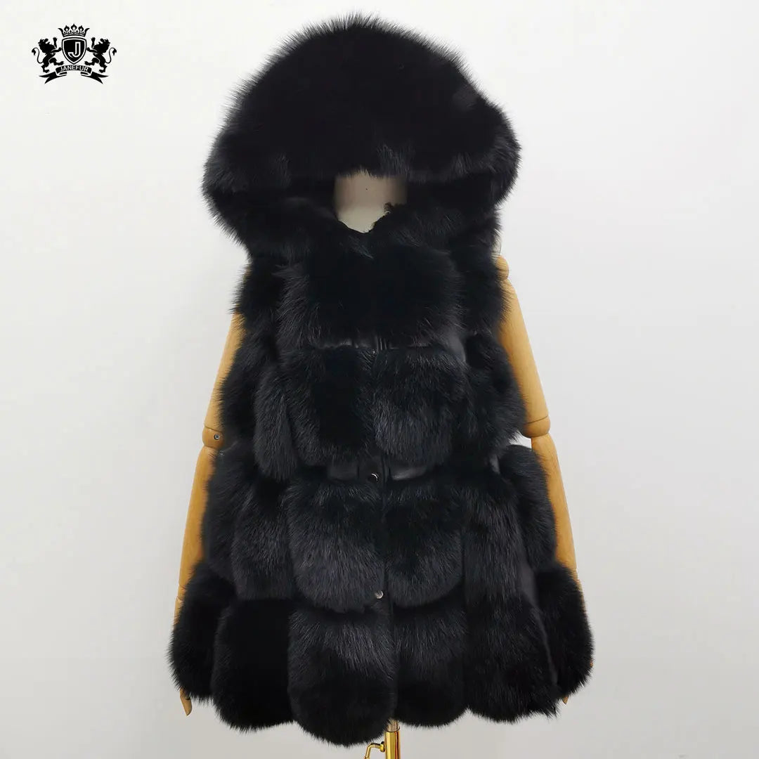 Janefur Fashion Premium Luxury Jacket Ladies Elegant Warm Winter Hooded Fox Fur Vest for Women