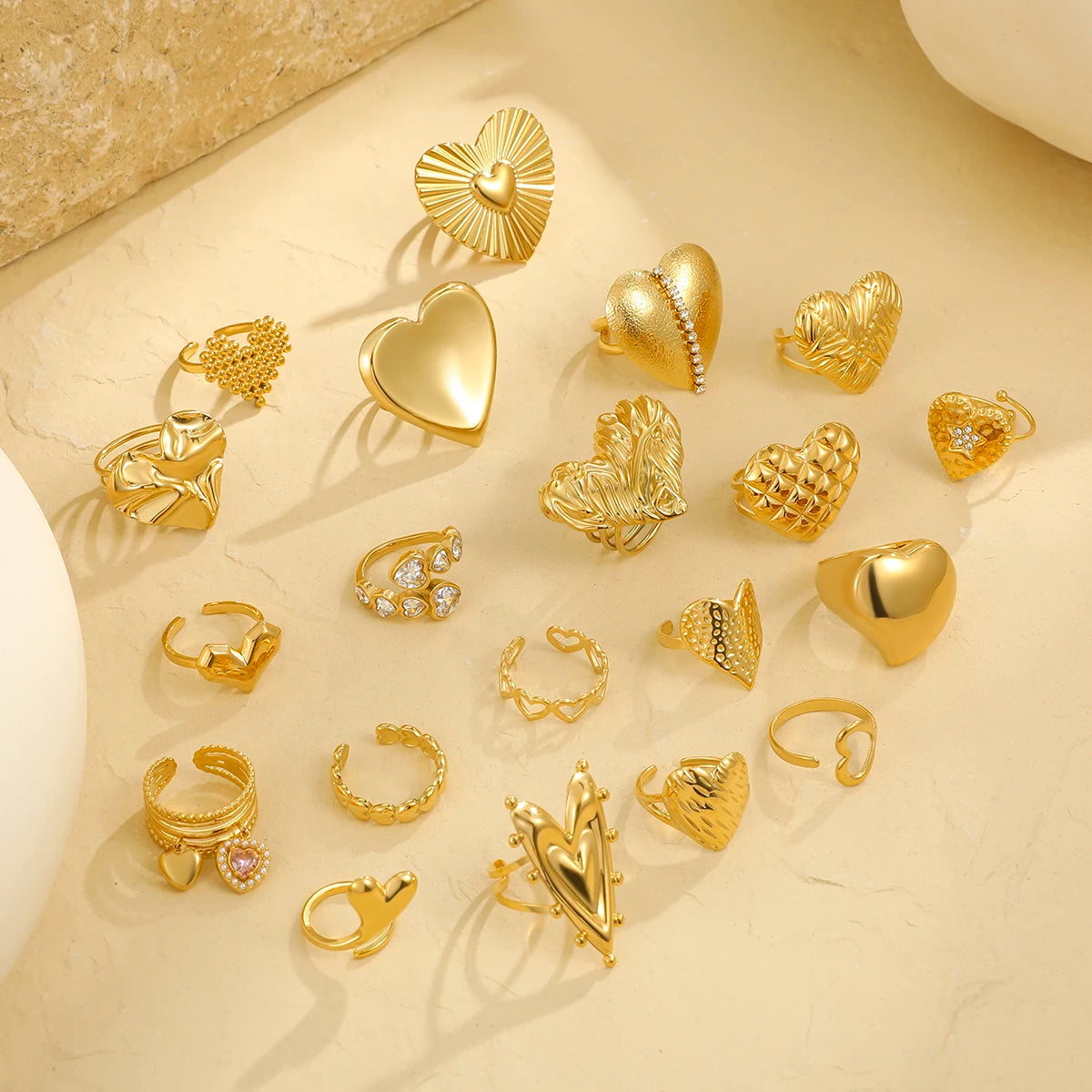 Heart Stainless Steel Stack Rings Jewelry Set for Women Gold Plated Zircon Pendant Open Rings Cheap Price Factory Wholesale
