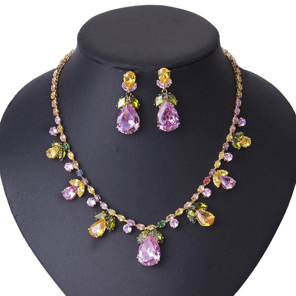 New High-End Color Zircon Earrings Necklace Fashion Set Evening Dress Accessories Bride Jewelry Colorful Flower Jewelry Set