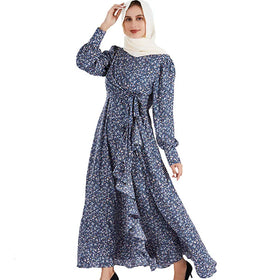 Muslim Floral Dress Traditional Muslim Clothing Abaya Sarwel Not See Through Dress Long Ruffles Women Dress for Kaftan Dubai