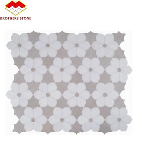 Customized Modern Design Thassos White Marble Flower Mosaic Tiles 10mm Thick Grey Parquet Waterjet Water Graphic Interior Wall