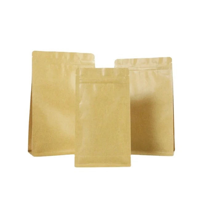 Recyclable Eight Side Seal Flat Bottom Snack Food Packaging Kraft Paper with Plastic Stand up Zip Lock Coffee Bag Valve Zipper