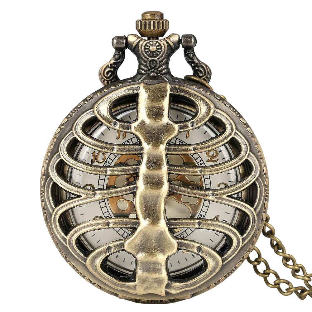 Antique Bronze Vintage Skeleton Ribcage Steampunk Pocket Watch Analog Quartz Watch with Necklace Chain for Jewelry Pendant
