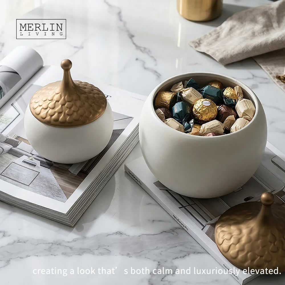 Merlin Living Yellow Ceramic Storage Jar Luxury Matte Boxes Canister Electroplating Round Can With Gold Home Decor