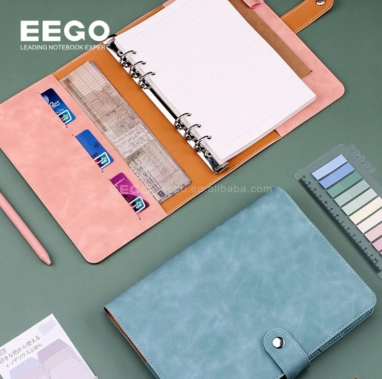 New Trend Loose Leaf Lined Sheets 6 Ring Soft Pu Leather A6 Budget Ring Binder Notebook With Cash Envelopes