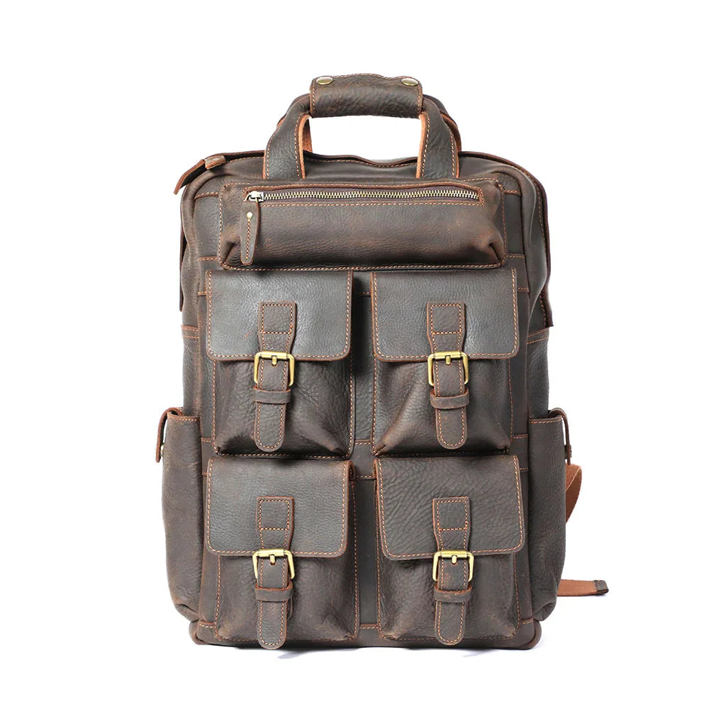 Retro Multifunctional Dark Brown Mens Luxury Cowhide Leather Bag for Computer Traveling Backpack