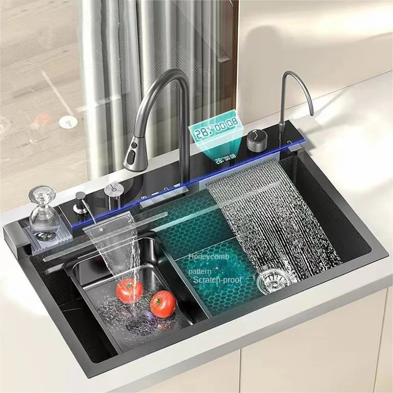 Bionic Honeycomb Waterfall Lavabo De Cuisine Whale Integrated One Piece 2 Waterfall Faucet LED Digital Display Kitchen Sink