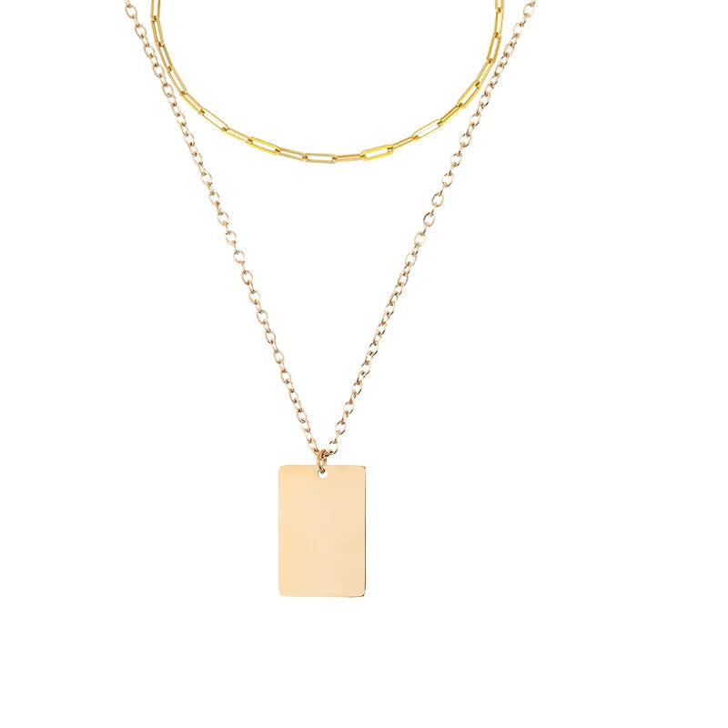 Wholesale Double Layers 316L Stainless Steel Paperclip Chain Rectangle Pendant Necklace