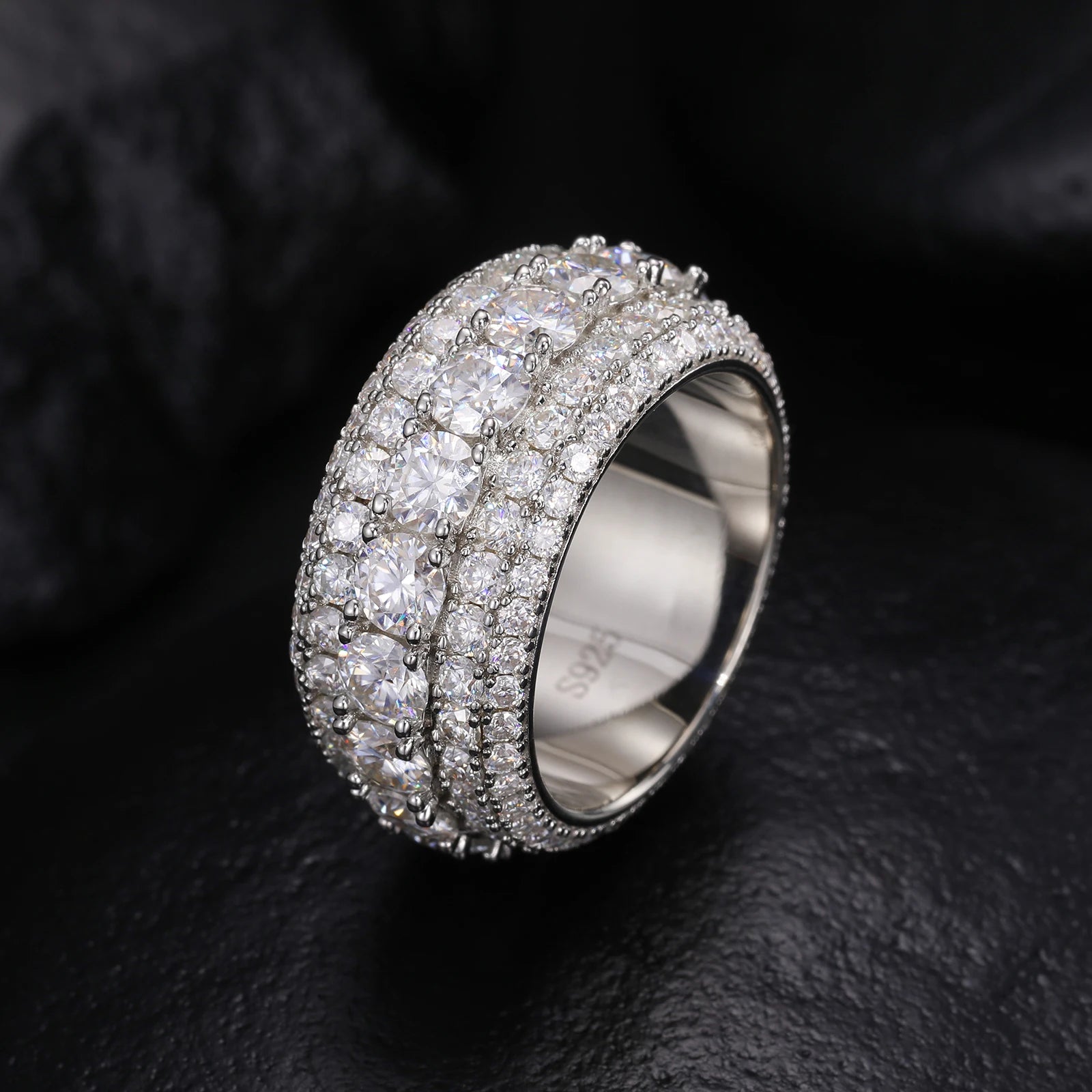 Luxury 5-Row Moissanite Ring for Men 925 Sterling Silver Shiny White Gold Finish Fashion Jewelry Passes Diamond Tester for