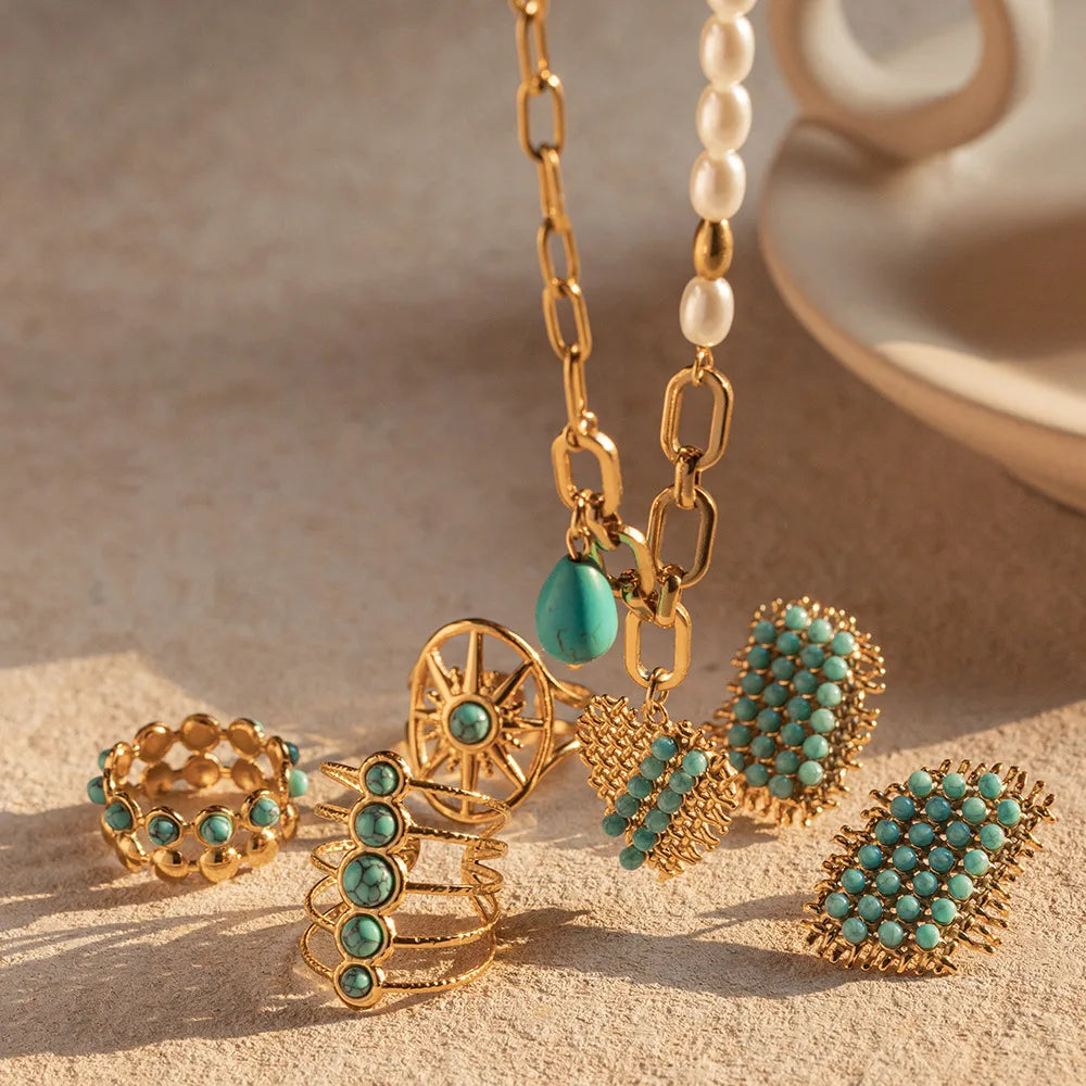 New Design Bohemian Jewelry Waterproof 18K Gold Plated Stainless Steel Turquoise Necklace Earrings Rings Set Jewelry for Women