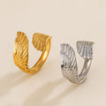Personalized New Style 18K Gold Plated Waterproof Feather Wings Stainless Steel Open Ring for Women
