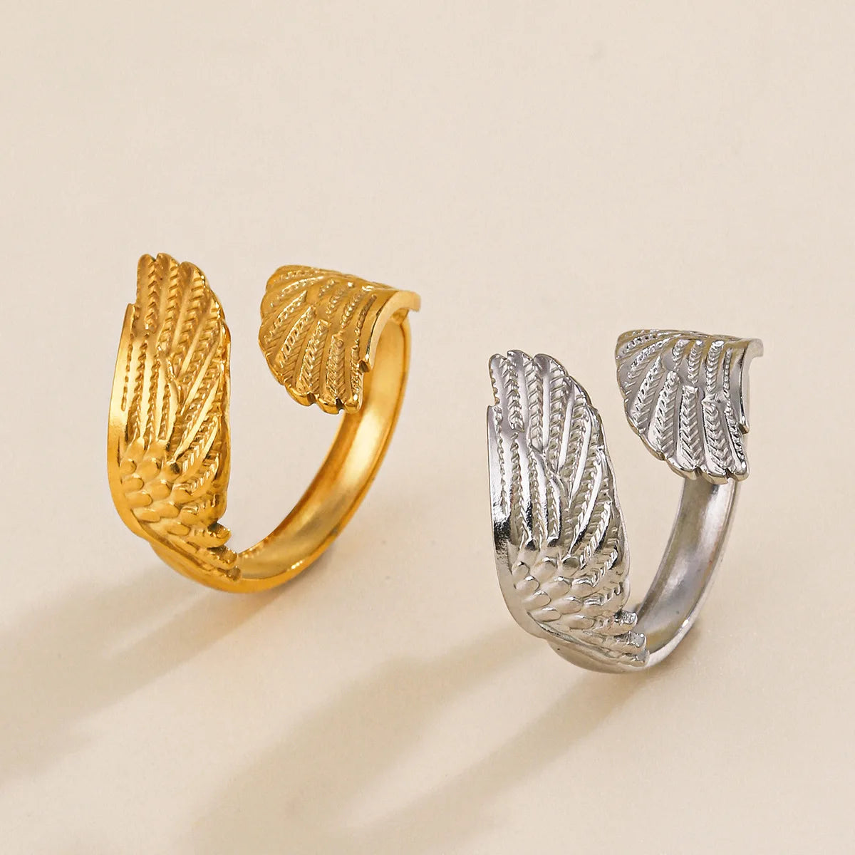 Personalized New Style 18K Gold Plated Waterproof Feather Wings Stainless Steel Open Ring for Women