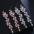 New Flower Bridal Cubic Zircon Chandelier Earring Long Bridal Rose Gold Wedding Earrings Women Crystal Leaf Dangle Drop Jewelry