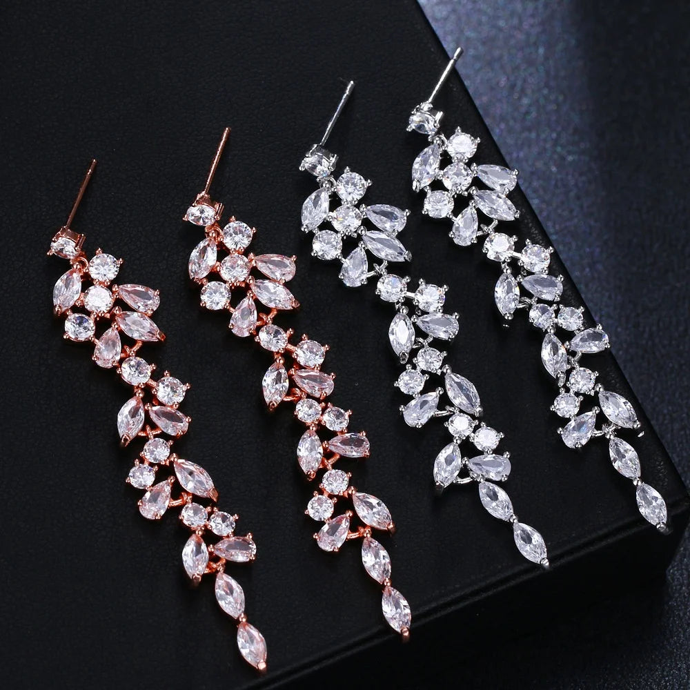 New Flower Bridal Cubic Zircon Chandelier Earring Long Bridal Rose Gold Wedding Earrings Women Crystal Leaf Dangle Drop Jewelry