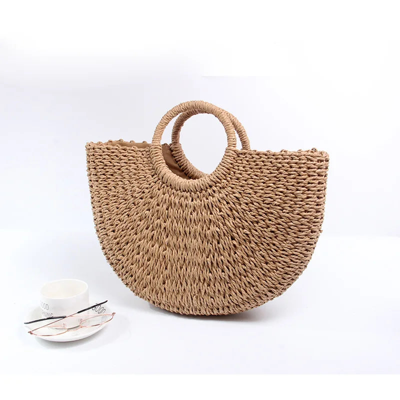 Summer Straw Woven Bucket Bags for Women Simple Vintage Casual Ladies Handbags Travel Beach Portable Female Tote Shoulder Bag