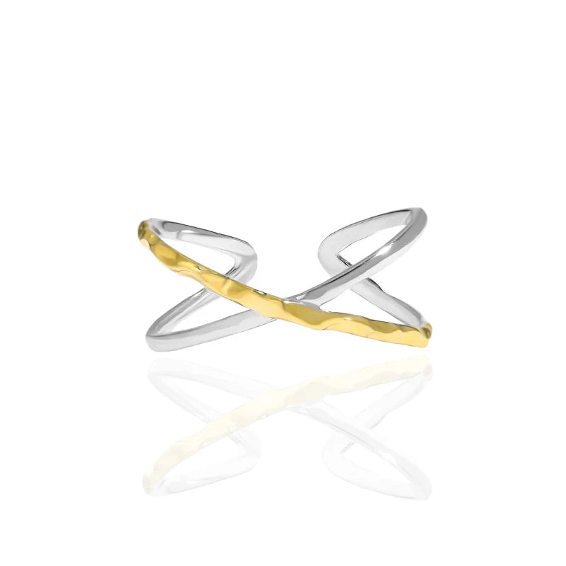 Double Layer Polishing S925 Sterling Silver Crisscross Textured Double Bar Two-Tone X Ring