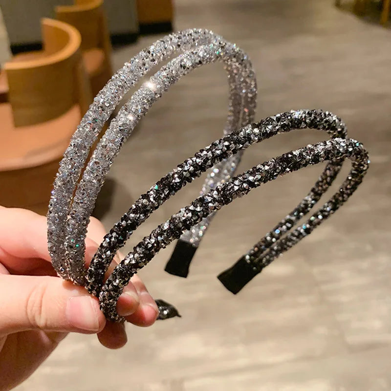 Double Sticks Chunky Glitter Sequin Fabric Hair Hoop Korean Thin Resin Hair Band Accessories Womens Bling Rhinestone Headbands