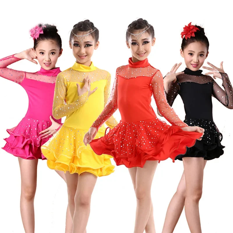 Children Sequin Latin Dance Dress Breathable Mesh Long Sleeve Performance Dress Modern Jazz Dance Skirt Cheerleaders Costume