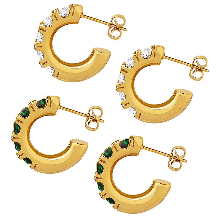 INS Personalized Green Zircon Circle Earrings 18K Gold & Stainless Steel C Shaped Titanium PVD Fashionable Hoop Style