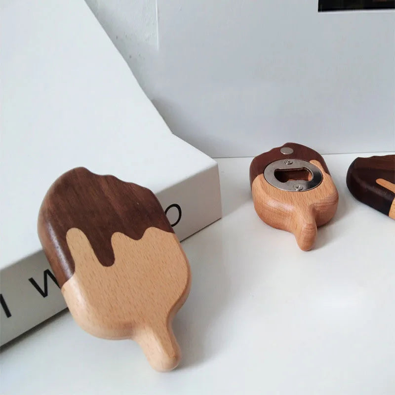Custom Logo Ice Cream Shape Wooden Beer Bottle Opener With Magnet Beech Wood Black Walnut Wood Opener for Bar Restaurant