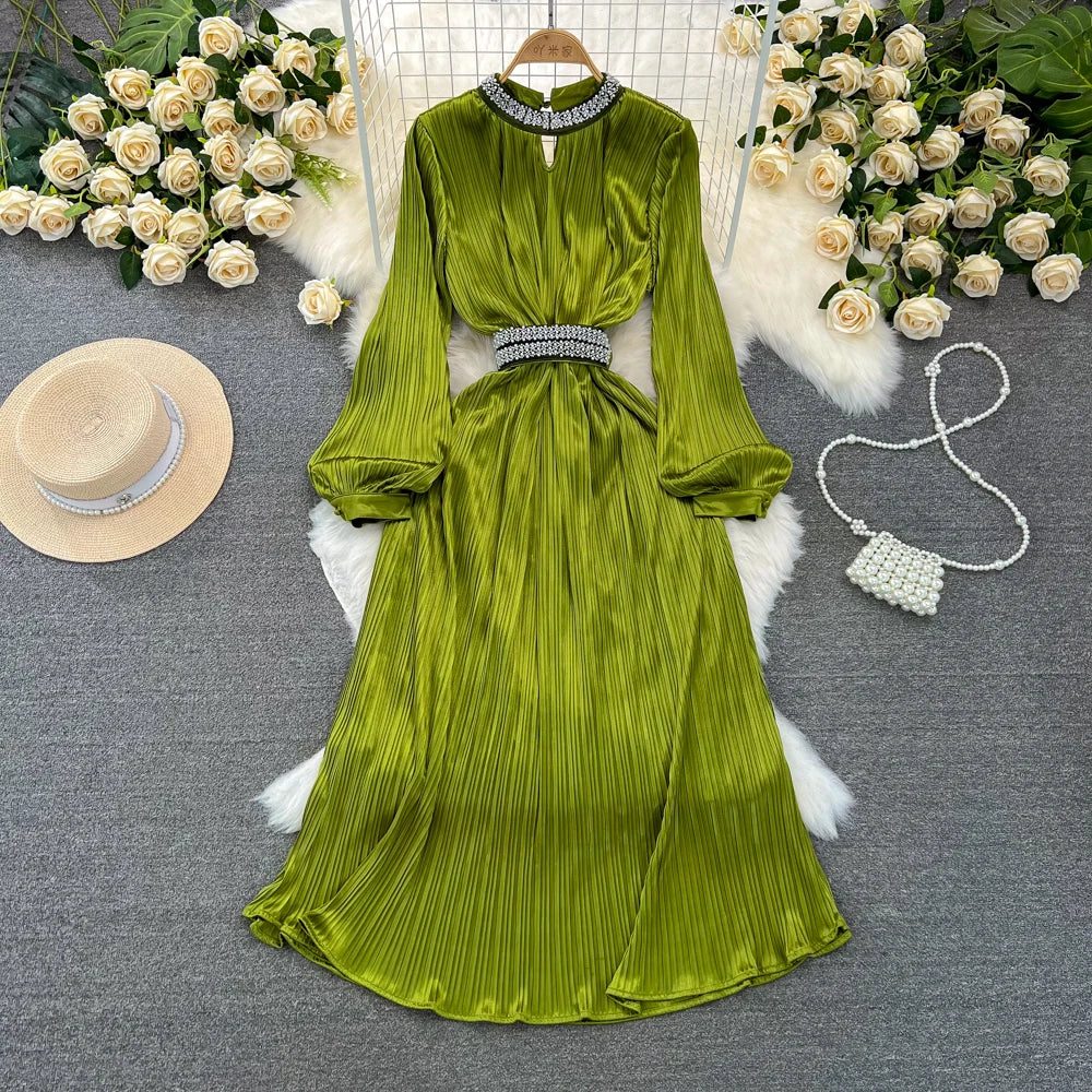 Wholesale 2026 Autumn High End Pleated Diamond Standing Neck Waist Slimming and Bright Face A-line Women's Dress