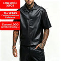 Men's Black Embossed Faux Leather Knitted Short Sleeve Button Down Vintage Shirt Breathable Eco-Friendly Collared Top for Autumn